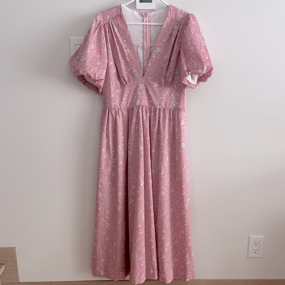 Cottage Core Puff Sleeve Dress-Pink Pattern